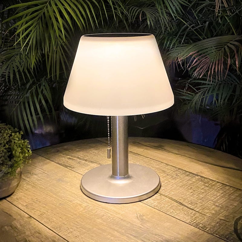 shumi Solar Table Lamp Outdoor Indoor - 3 Lighting Modes, Eye-Caring LED Waterproof Cordless Solar Desk Lamp with Pull Chain for Outside Patio Garden Bedroom Living Room(White Modern Decor) - Image 1